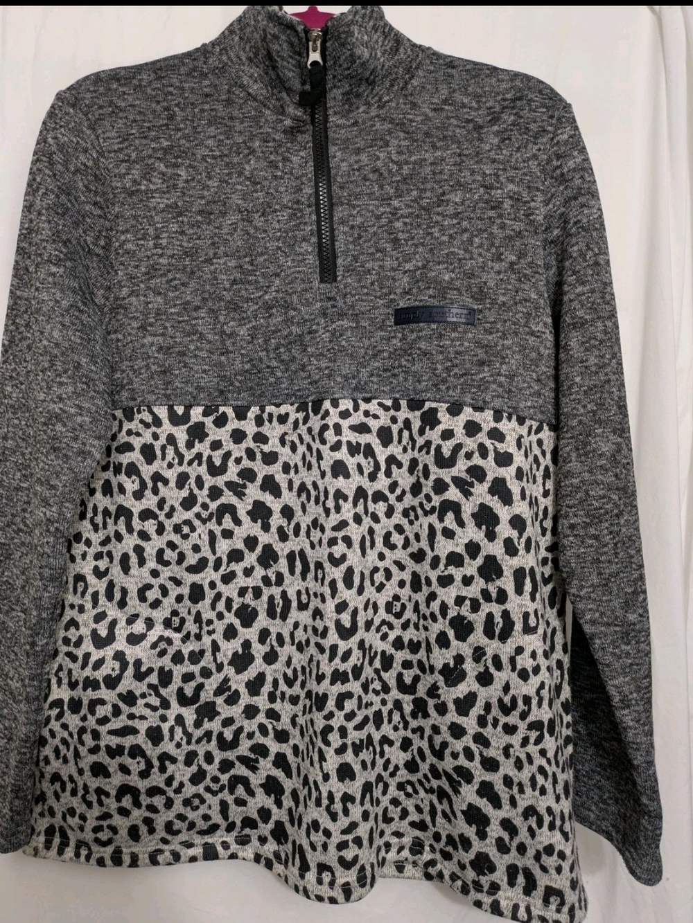 Simply Southern Gray Leopard Panel Quarter-Zip Pullover